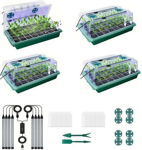 4 Sets Saatgut-Keimschalen-Sets mit Hochkuppel-Keimungs-Kit, 160 Zellen, 8 LED-Wachstumslampen und intelligentem Timer in Grün - Bild 1