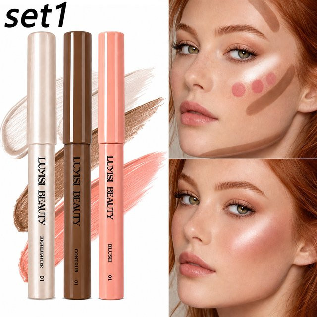 3-teiliges Make-up-Stift-Set, Kontur, Rouge, Highlighter, matt & perlmuttartig - Bild 1