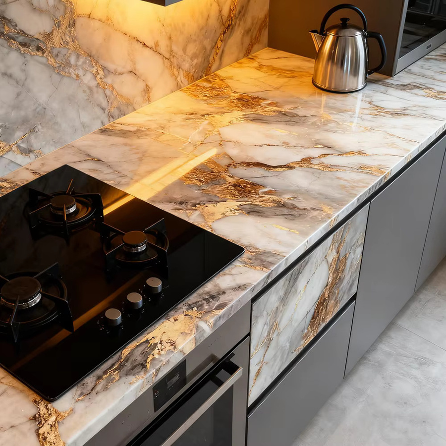 TTOKKONG WALLPAPER Selbstklebende 3D-Marmor Tapete in Gold und Weiß, wasserdichte Steinoptik für Küche, Badezimmer und Wohnzimmer - Bild 5