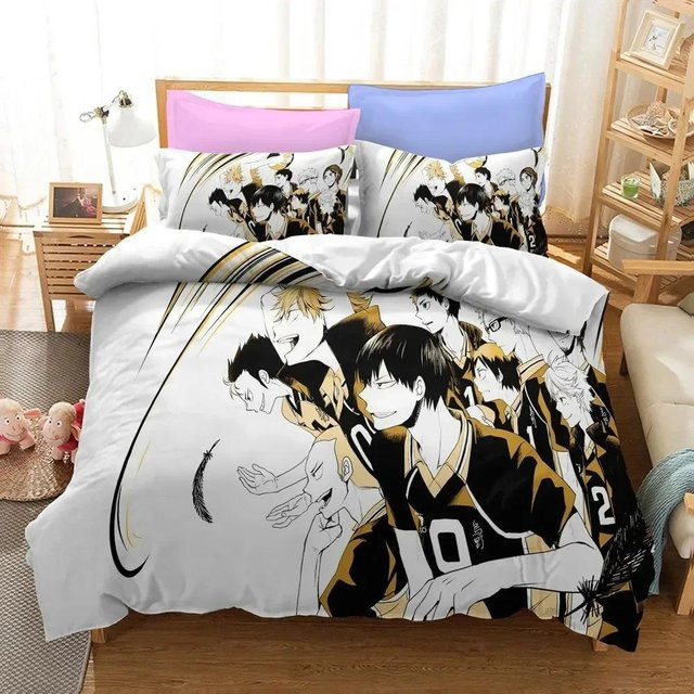 Haikyuu!! Bettwäsche-Set mit 3D Anime Design aus Polyester, Bettbezug und Kissenbezüge, Mehrfarbig, Breite: 140 cm, Länge: 210 cm - Bild 1
