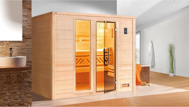 Weka Massivholzsauna Bergen mit 3 Sparseats, 7,5 kW Heizung, Glasfenster und Glastür aus Fichte in Grau und Braun, B/T/H: 248,0 x 203,5 x 198,0 cm - Bild 1