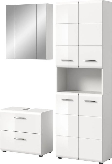 Inn.Furn Badmöbel-Set Cover 3-teilig in Weiß Hochglanz mit Hochschrank, Spiegelschrank und Waschbeckenunterschrank, Breite: 135 cm, Höhe: 185 cm - Bild 1