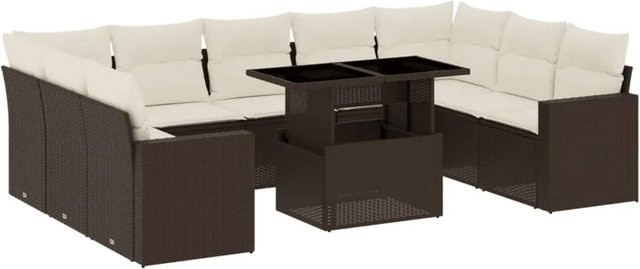 vidaXL 10-tlg. Garten-Sofagarnitur L-Form aus braunem Poly-Rattan mit cremeweißen Kissen - Bild 1