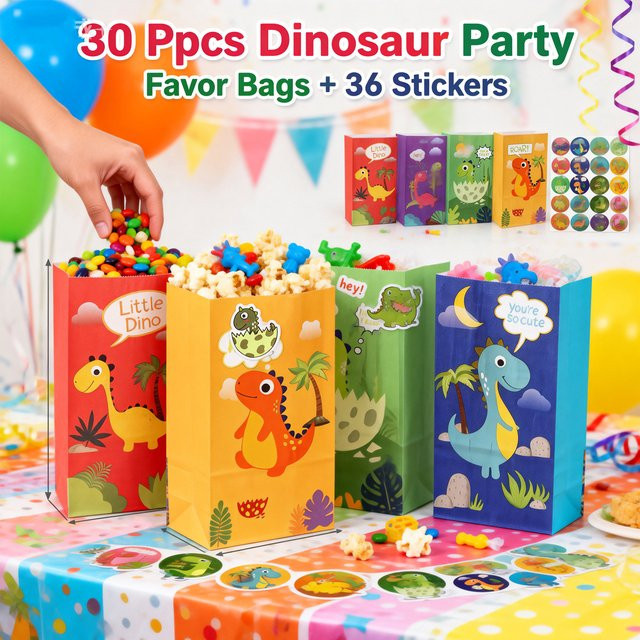 30 Stück Dinosaurier-Partytüten aus Papier in Mehrfarbig mit 36 Aufklebern für deinen Geburtstag - Bild 1