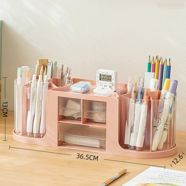 Schreibtisch-Organizer in Pink mit 3 Schubladen, 2 drehbaren Stifthaltern und Aufbewahrungsbox - Bild 1