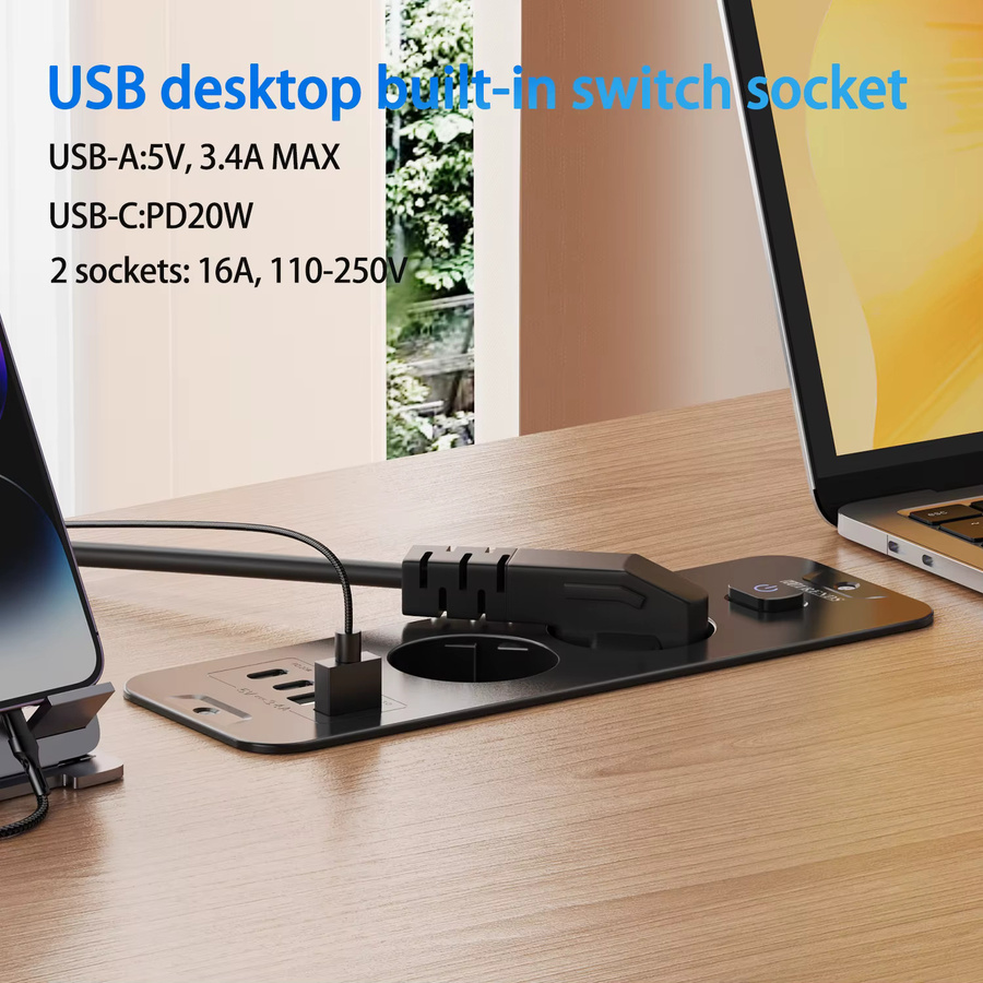 HITRENDS Desktop-Einbau-Steckdosenleiste mit 2/3 AC-Steckdosen, 2 USB-Anschlüssen und 2 USB-Typ-C-Ladeadaptern, 2m Verlängerungskabel, Weiß oder Schwarz - Bild 4