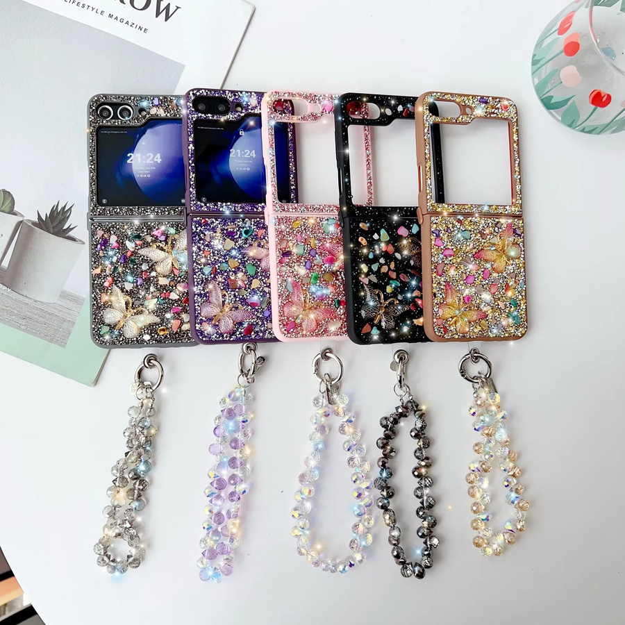 Glitzer Handyhülle mit Kristallsteinen und Handgelenk-Gurt für Samsung Galaxy Z Flip 7, 6, 5, 4, 3 5G in Grau - Bild 3