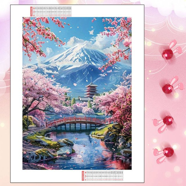 YUTTEE Diamant-Mosaik-Kunst-Set Landschaft mit Blumenbrücke und Haus, rund, Mehrfarbig, Durchmesser: 30,0 cm - Bild 1
