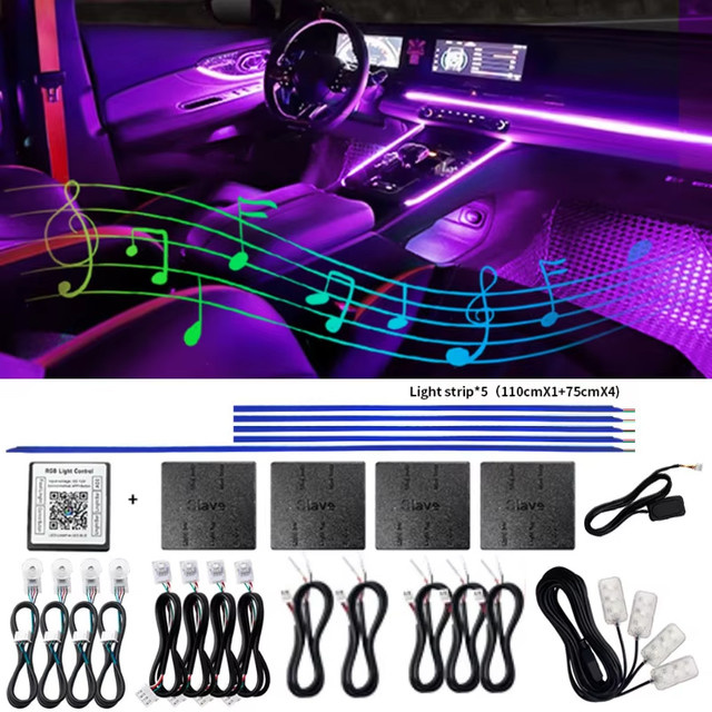 FILIPLI LED Auto-Umgebungsbeleuchtung mit App- und Bluetooth-Steuerung, RGB Neon Flex Lichtstreifen in Multicolour für dekorative Atmosphäre im Fahrzeug - Bild 1