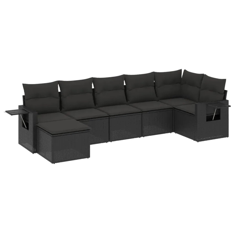 vidaXL 7-teilige Garten-Sofagarnitur in L-Form aus schwarzem Poly-Rattan mit Kissen und pulverbeschichtetem Stahlgestell - Bild 2