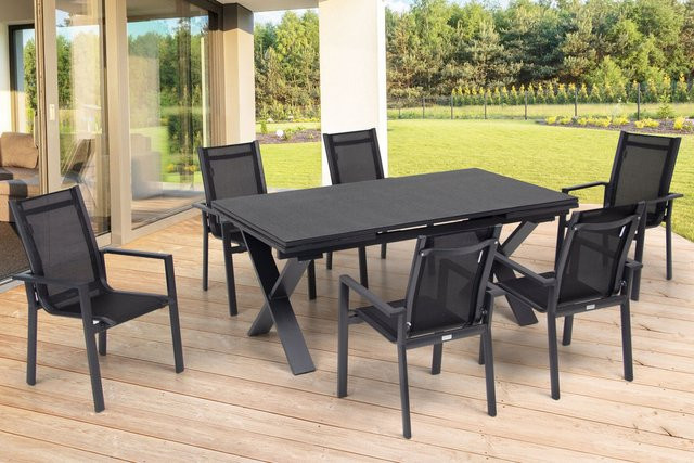 OUTFLEXX Garten-Essgruppe aus Aluminium und Textil in Anthrazit Matt mit ausziehbarem Tisch und 6 Stapelsesseln, Tisch B: 180 bis 280 cm, B: 100 cm, H: 78 cm - Bild 1