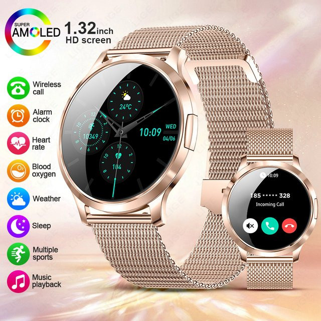 Foxbox Damen-Smartwatch in Pink und Gold mit 1,32 Zoll AMOLED-Touchdisplay, Bluetooth-Anruffunktion sowie Herzfrequenz- und Blutsauerstoffüberwachung - Bild 1