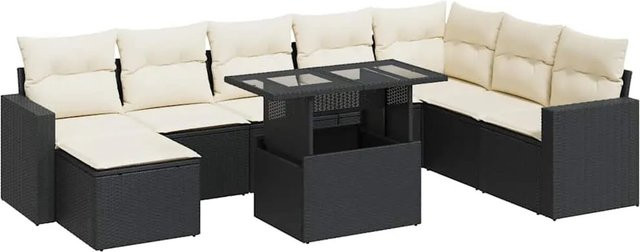vidaXL 9-tlg. Garten-Sofagarnitur in L-Form aus Poly-Rattan und pulverbeschichtetem Stahl mit Kissen in Schwarz-Creme - Bild 1