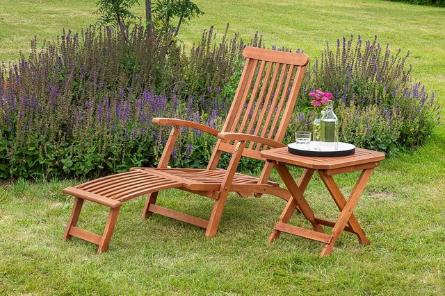 Merxx Gartenmöbelset Deckchair 2-teilig aus behandeltem Hartholz mit Klapphocker in Beige und Braun - Bild 2