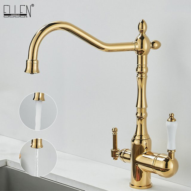 ELLEN HOMEDECOR Küchenarmatur in Antik Messing und Chrom Gold, 360 Grad drehbarer Heiß-Kaltwasserhahn EL2563 - Bild 1