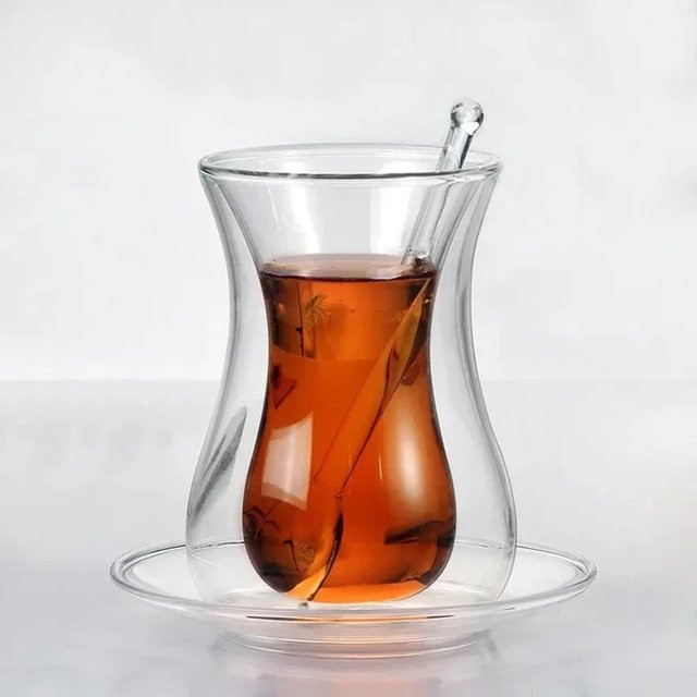 Doppelwandiges Glas-Teeset mit Untertasse und Teelöffel, Thermische Kaffeetasse und Teetasse aus transparentem Glas - Bild 1