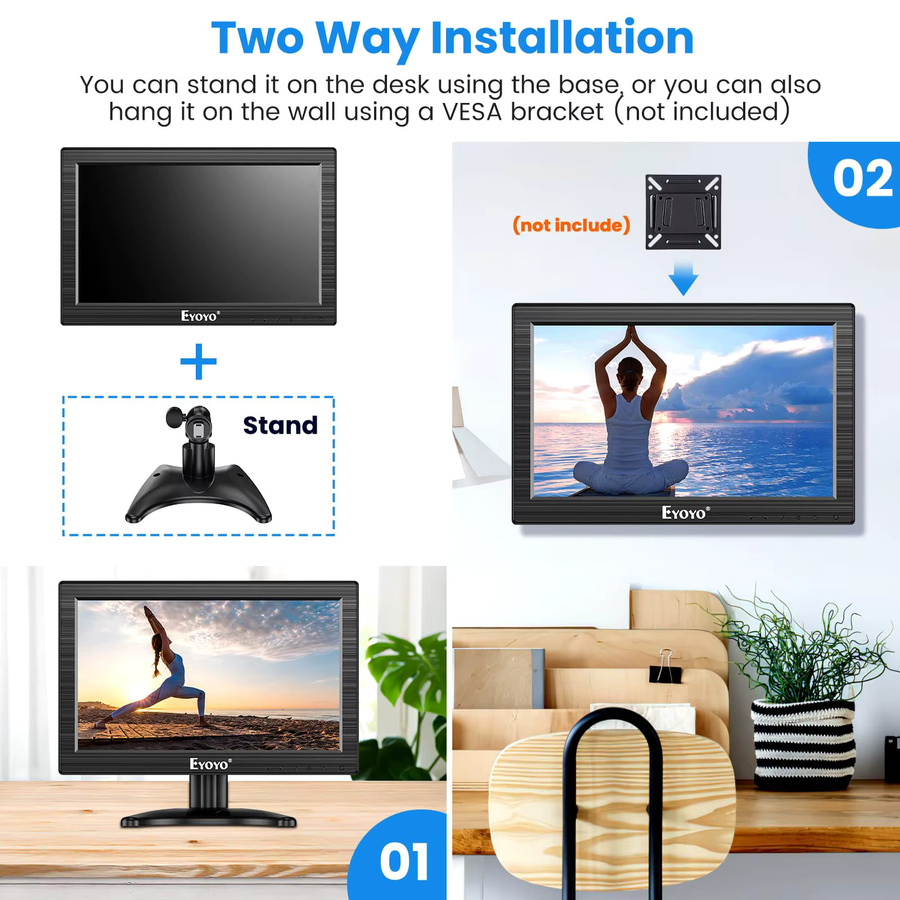 Eyoyo 12 Zoll TFT-LCD-Monitor in Schwarz mit HD-Auflösung, HDMI, USB-C, AV, BNC und VGA sowie integrierten Lautsprechern - Bild 6