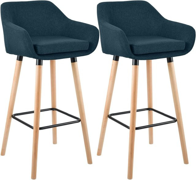 CLP 2er Set Barhocker Grant gepolsterte Barstühle mit Lehne aus blauem Stoff und Holzgestell - Bild 1