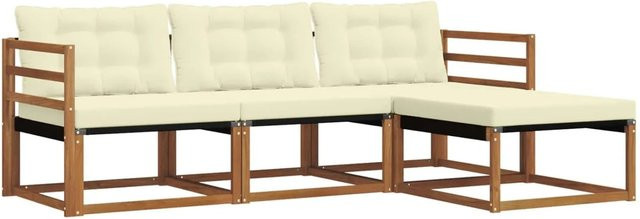 vidaXL Outdoor-Sofagarnitur aus Akazienholz in L-Form mit Polstern und Ottoman, 4-teiliges Gartenmöbel-Set in Beige und Weiß - Bild 1