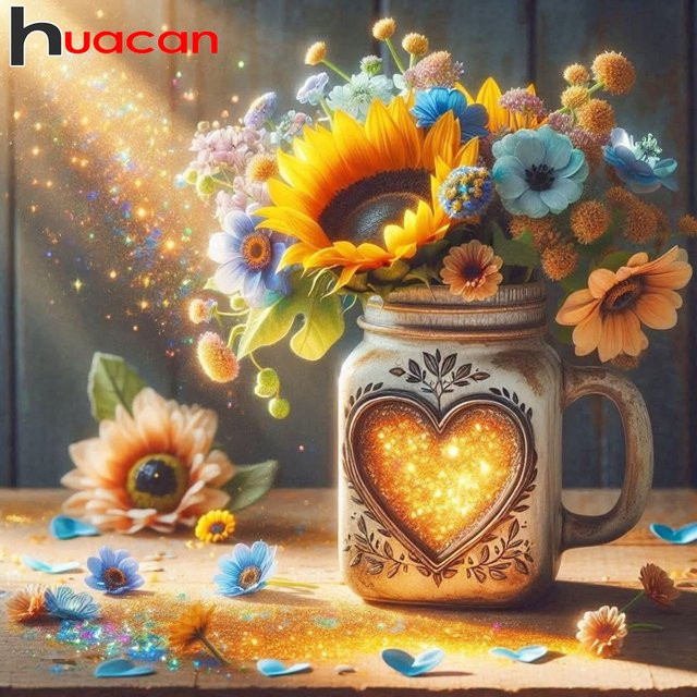 Huacan 5D Diamantgemälde Set Herzförmige Vase mit Blumenmosaik in Multicolour - Bild 1