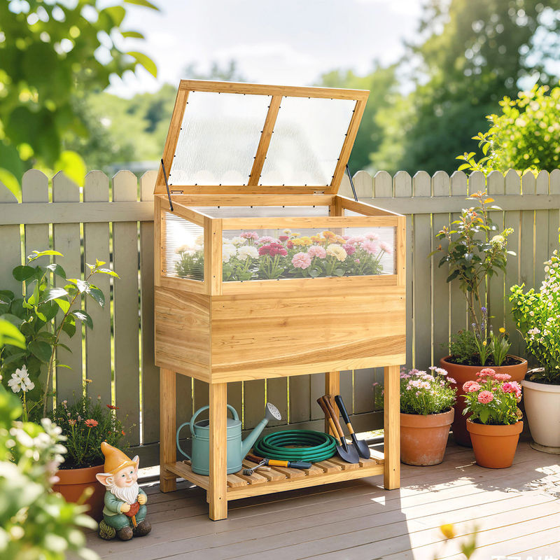 Aosom Outsunny Hochbeet mit Frühbeetaufsatz aus Tannenholz in Naturholz, ergonomischer Pflanzkasten mit aufklappbarer Abdeckung und Vliesstoff, B/T/H: 80 x 45 x 108,5 cm - Bild 2