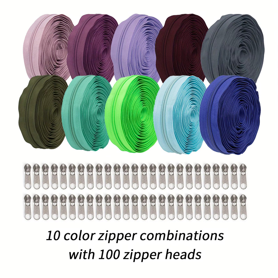 Changsons Reißverschluss-Set mit 10 Rollen in 10 Farben und 100 silbernen Reißverschlussköpfen, Länge pro Rolle: 450 cm - Bild 2