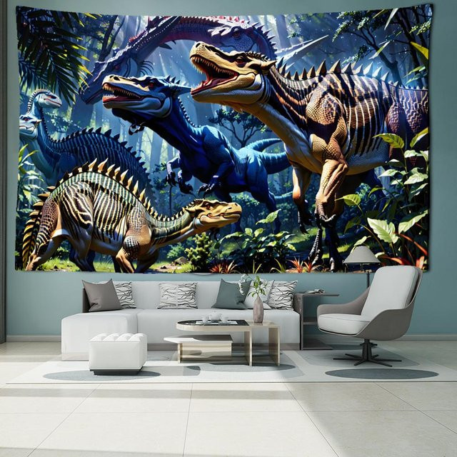 Binchi Outdoor Equipment Wandteppich mit blauem Dinosaurier und Waldmotiv im Boho-Stil, B: 150 cm, H: 130 cm - Bild 1