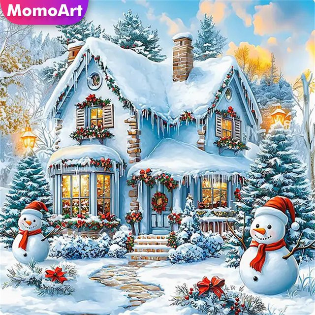 Momoart DIY Diamantmalerei Winter Landschaft mit Schneemann als Strass Mosaik Bild in Multicolour, B/H: 20 x 20 cm - Bild 1