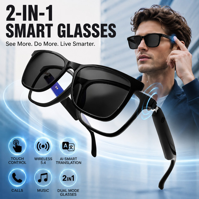 Koipsse Smart-Brille mit Mikrofon und Bluetooth, modische 2-in-1 Sport-Sonnenbrille mit Musikwiedergabe, Anruffunktion, Anti-Blaulicht und UV-Schutz, Schwarz - Bild 1