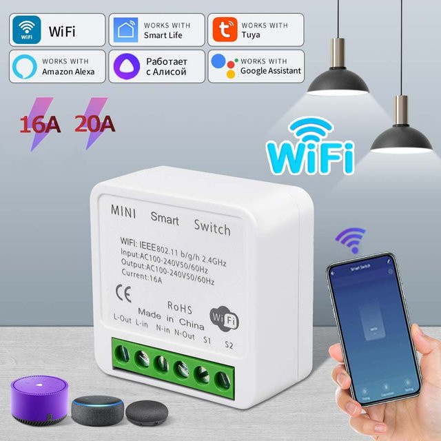 Tuya Smart WiFi Schalter 16A 20A RF433MHz Drahtloses Relais Modul mit 2-Wege-Steuerung in Weiß für Smart Life App Alexa und Google Home Voice Control - Bild 1