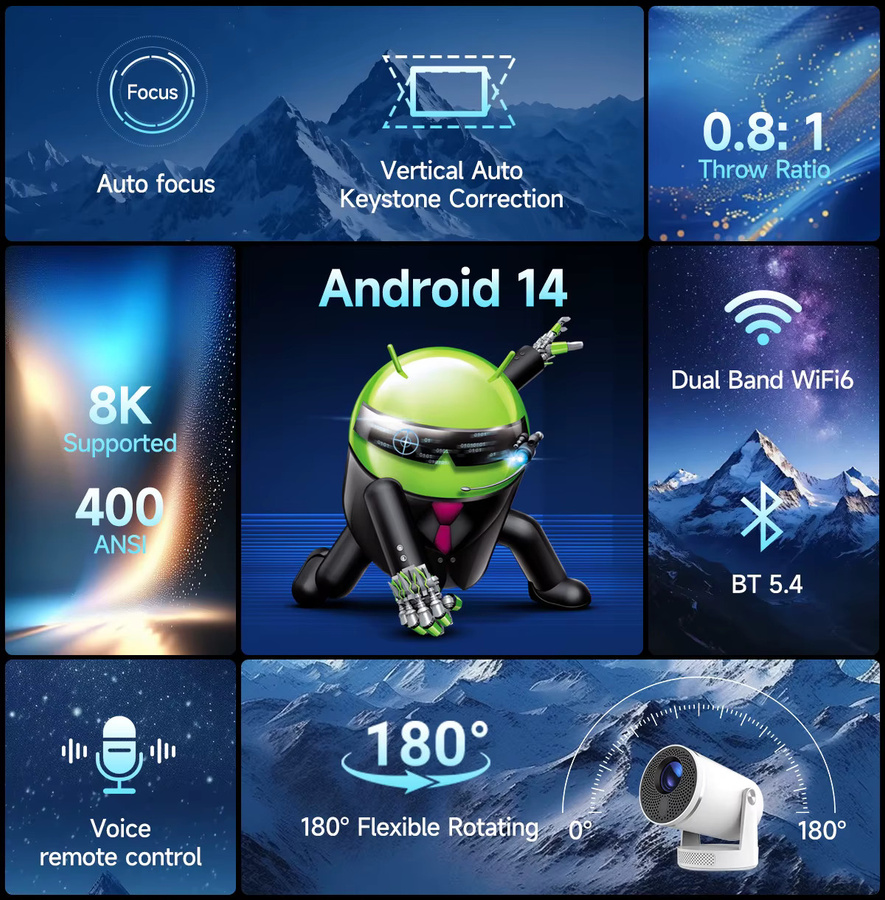 Magcubic HY320Pro Projektor mit Autofokus, Native 1080P Full HD, Android 14, Tragbares Heimkino mit Sprachsteuerung, Weiß - Bild 2