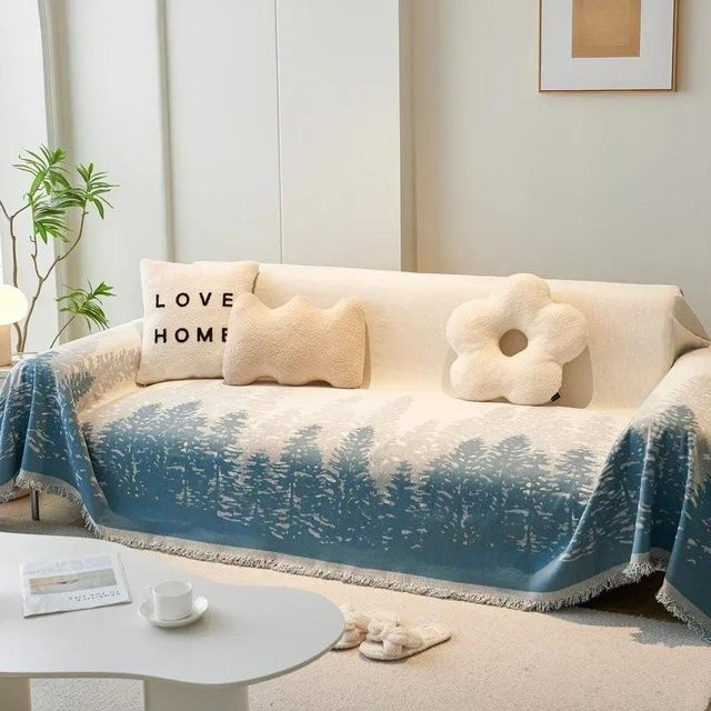 Yiran Furniture Chenille Sofa Überwurfdecke mit Weihnachtsbaum-Design, rutschfester Sofabezug aus Polyester, Blau, B/T: 180 x 130 cm - Bild 1
