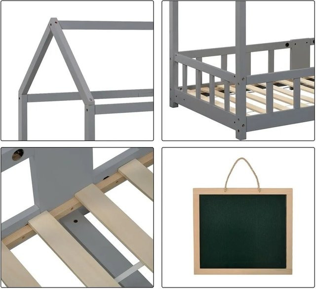 KOMHTOM Kinderhausbett aus Kiefer und MDF in Grau mit Lattenrost und Absturzsicherung, B/T/H: 90 x 200 cm - Bild 1
