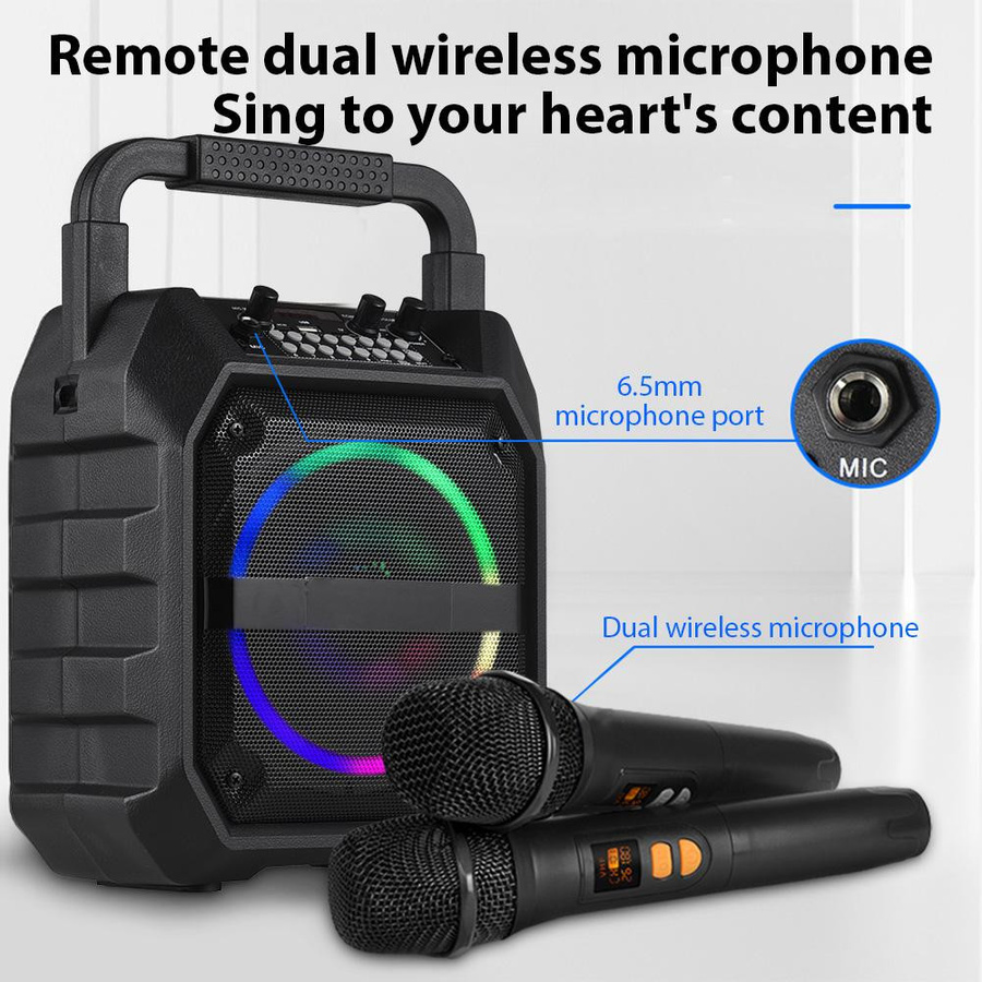 Andoer Mini Karaoke Maschine mit 2 drahtlosen Bluetooth Mikrofonen und LED-Lichteffekten in Schwarz - Bild 11