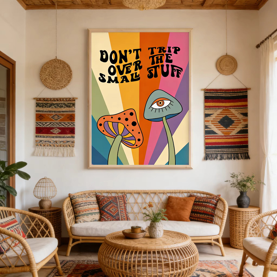 Retro Paper Poster Mushroom Don't Trip Over The Small Stuff in Multicolour mit abstraktem Hippie Design - Bild 4