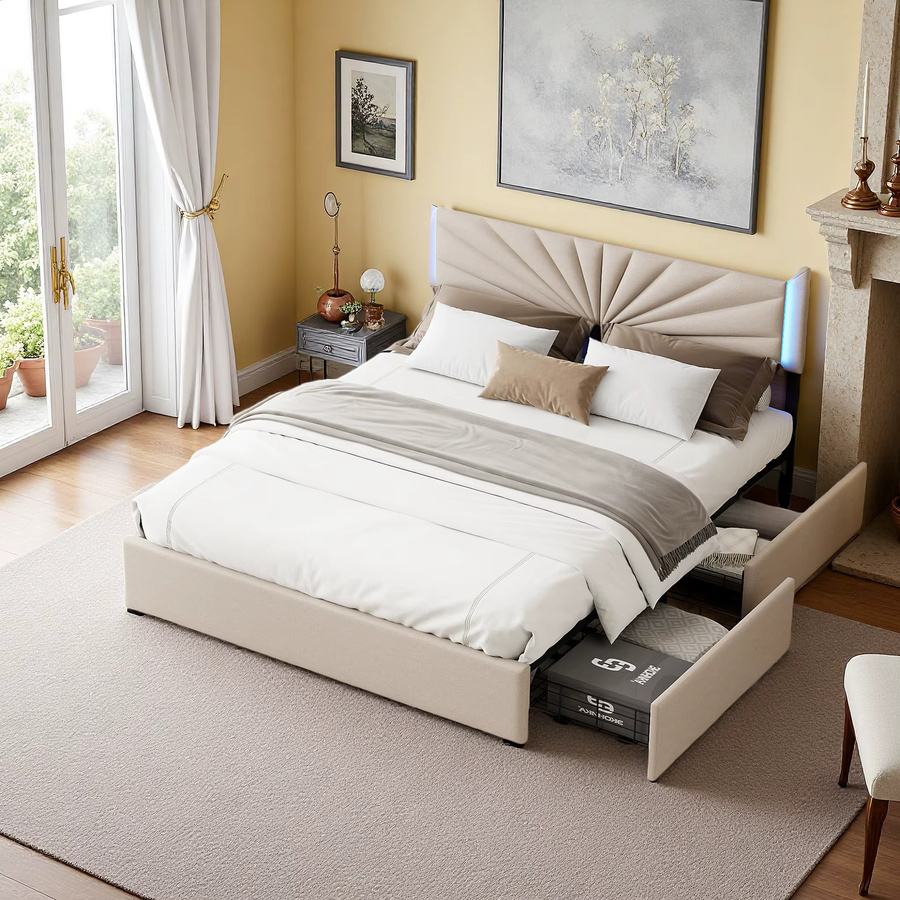Superaly Polsterbett aus Leinen mit LED-Beleuchtung und 4 Schubladen in Beige, B/T: 160 x 200 cm - Bild 2