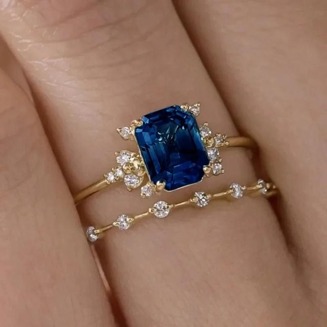 YIRAN Ring Damen, Gold Farbe, Kupfer, Blau Weiß Zirkonia, Klassisch - Bild 1