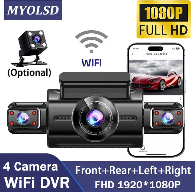 MYOLSD 4-Kanal Dashcam mit 1080P Auflösung und 360-Grad-Funktion, 4-Linsen Auto-DVR mit WIFI-App, Front- und Rückfahrkamera inklusive 24-Stunden-Parküberwachung, Schwarz - Bild 1