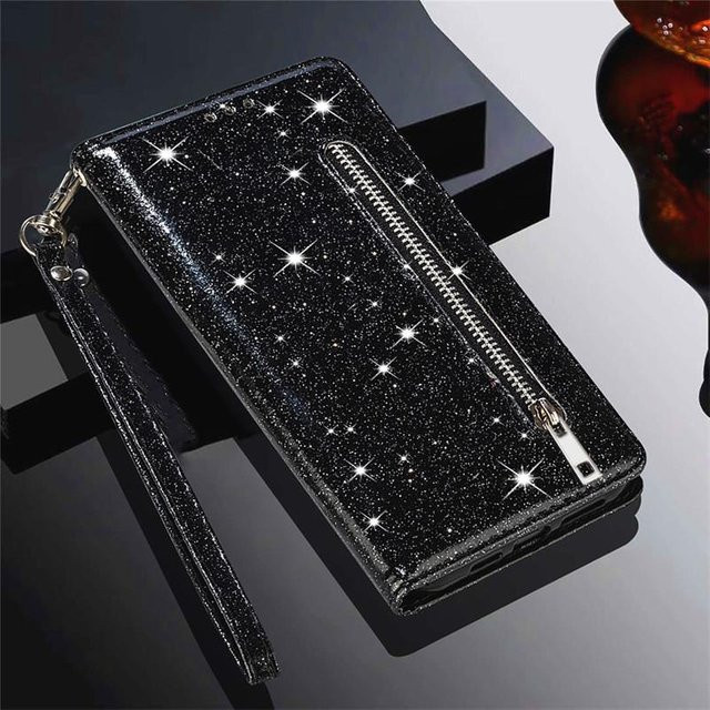 Glitzer-Lederhülle mit Reißverschluss als Flip-Brieftasche für Samsung Galaxy S26 S25 S24 S23 S22 S21 S20 S10 Plus Note 20 5G in Schwarz - Bild 1