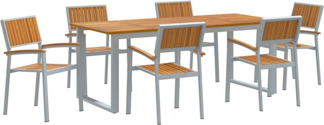 vidaXL 7-tlg Garten-Essgruppe aus Akazienholz und grauem Aluminium für Garten, Balkon und Terrasse - Bild 1