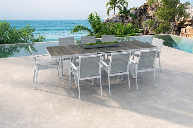 Siena Garden Sincro/Velia Garten-Essgruppe für 8 Personen in Matt Weiß-Grau mit ausziehbarer Keramik-Tischplatte und stapelbaren Stühlen aus Aluminium und Ranotex - Bild 1