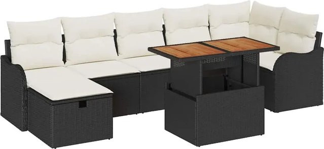 vidaXL Garten-Sofa-Set aus Polyrattan in Schwarz, 8-teiliges L-Shape Lounge-Set mit Kissen, Eckelement, Ottoman und Couchtisch aus Akazienholz - Bild 1