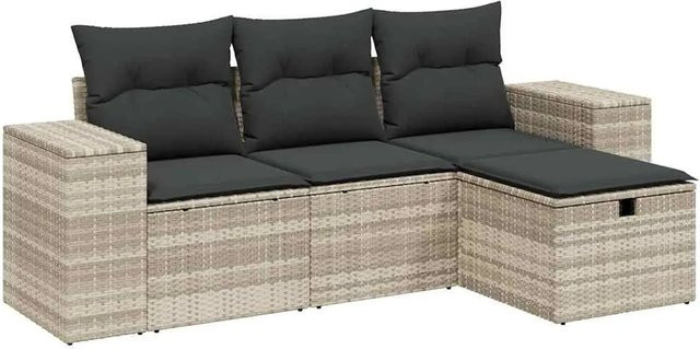 vidaXL 4-tlg Garten-Sofagarnitur in L-Form mit Kissen und Ottoman, Hellgrau, Poly Rattan und Metallrahmen - Bild 1