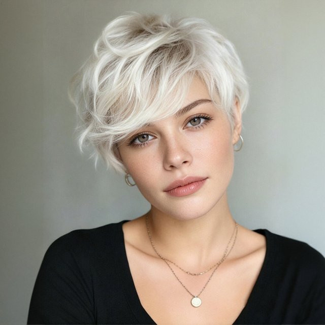 OYM HAIR Pixie-Perücke, platinblond, Echthaar, kurz, geschichtet, mit Pony, Damen - Bild 1