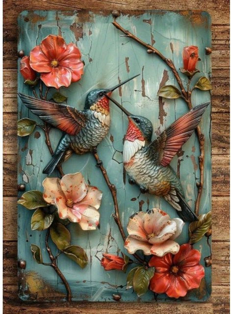 Rustikales CIFBUY Metallschild mit Kolibri und Blumenmotiv in Mehrfarbig, Rechteckig, Breite: 30,0 cm, Höhe: 20,0 cm, Tiefe: 20,0 cm - Bild 1