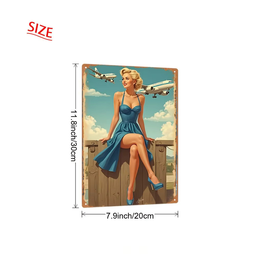 Vintage Metallschild CIFBUY mit Flugzeug und Pin-up Girl als Retro Wandkunst, Mehrfarbig, B: 30 cm, H: 20 cm - Bild 3