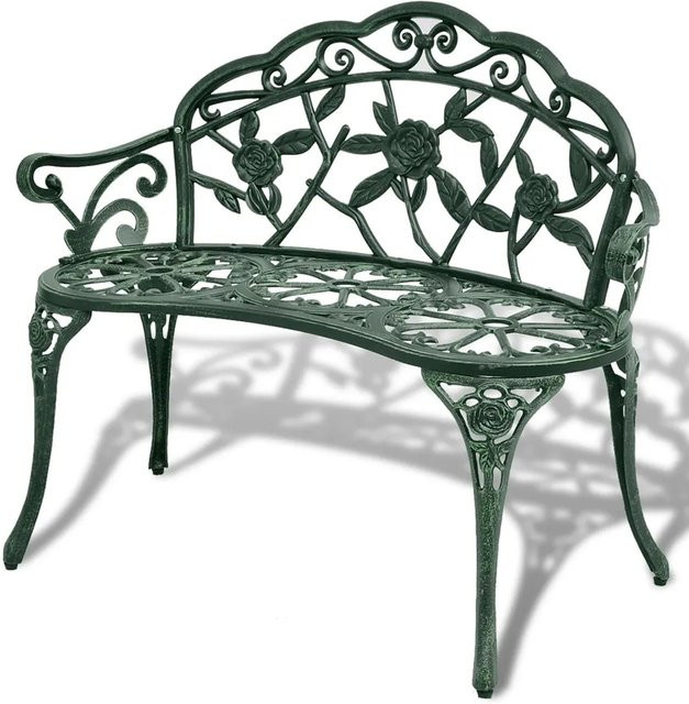 furnicato Gartenbank aus Aluminiumguss mit Armlehnen und Blumenornament in Grün, B/T/H: 110 x 54 x 80 cm - Bild 1