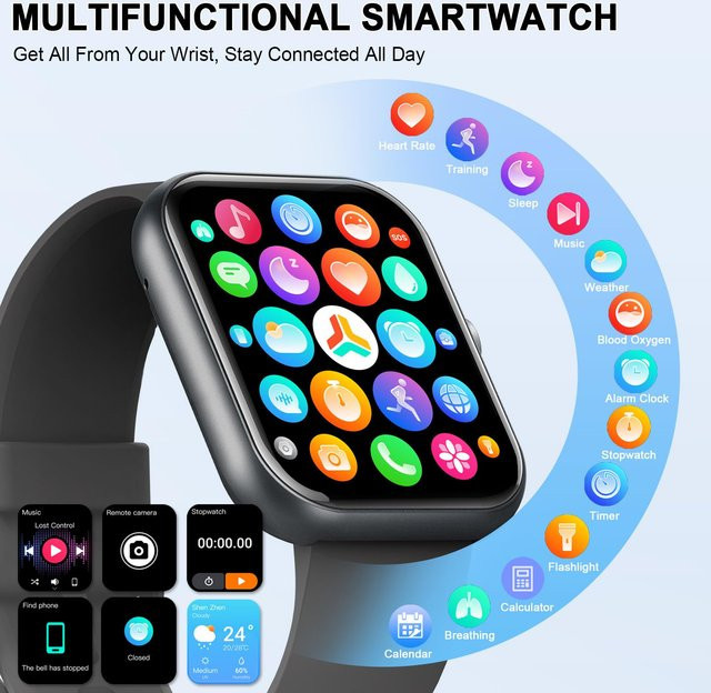 Nerunsa Smartwatch in Schwarz mit 1.96 Zoll Display, Fitness-Tracker mit Telefonfunktion, Schlafmonitor und IP68 wasserdicht, Unisex - Bild 1