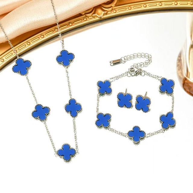 Schmuck-Set 3-teilig Titanstahl, Kleeblatt, Blau, Damen - Bild 1