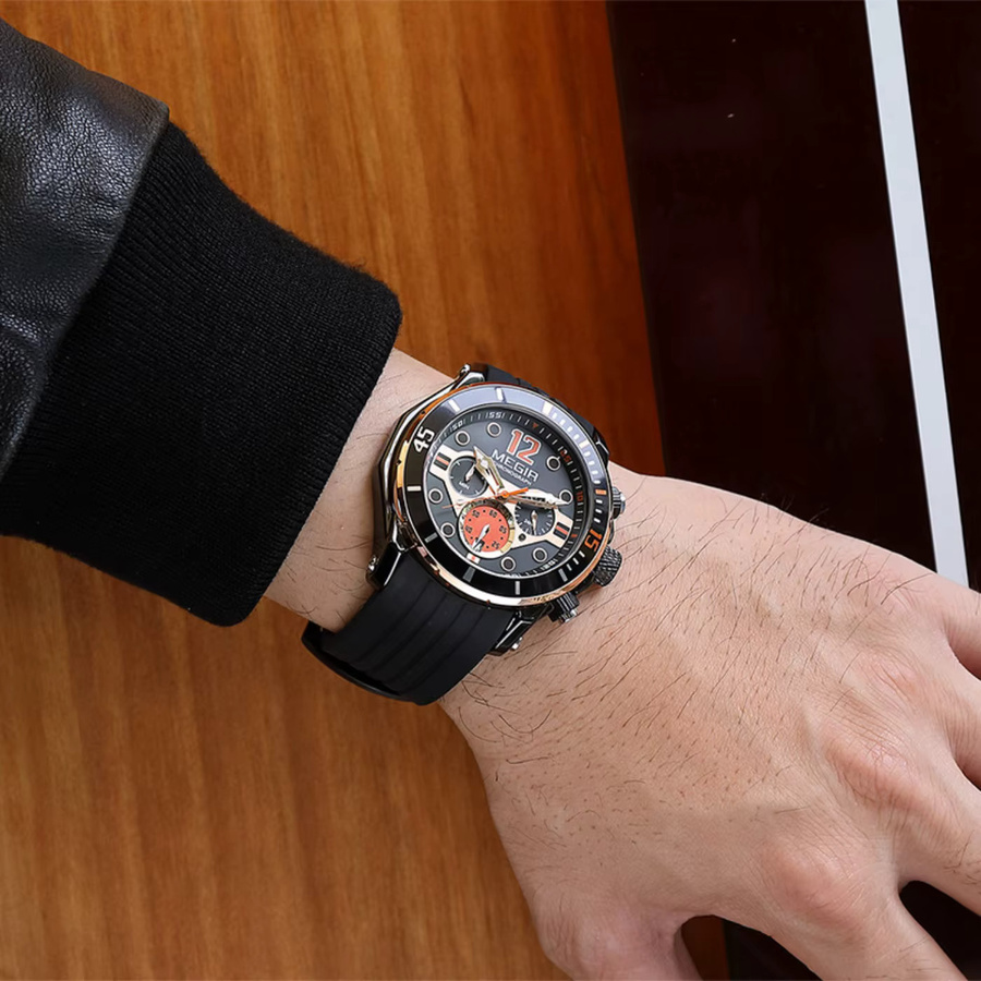 MEGIR Chronograph, Quarzuhr, Silikonarmband, Schwarz, Herren - Bild 3